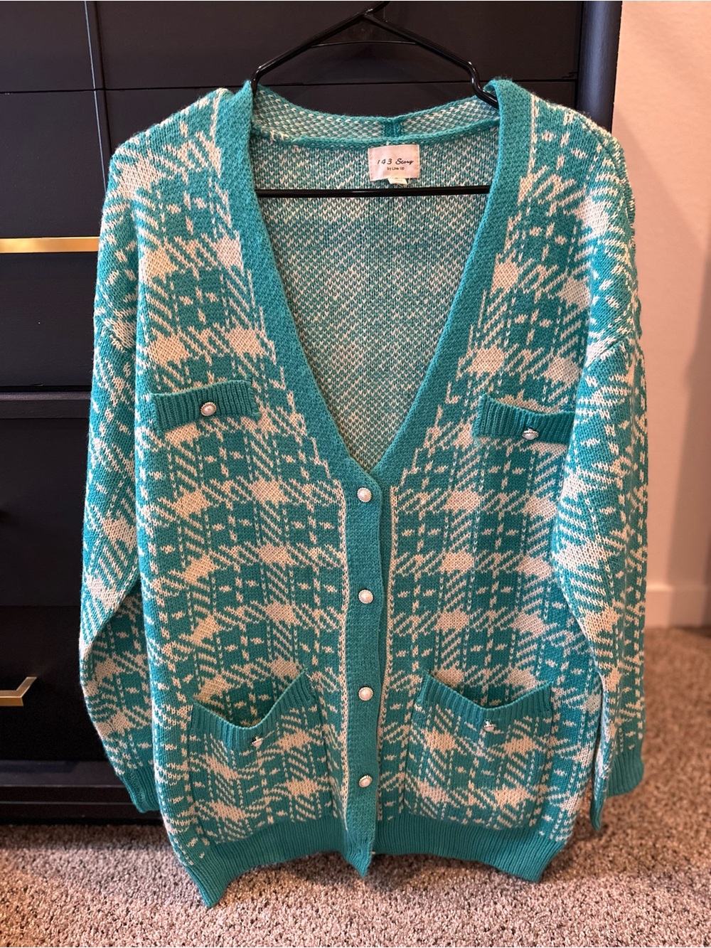 1.4.3. Story by Line Up Teal and White Patterned Cardigan Sweater